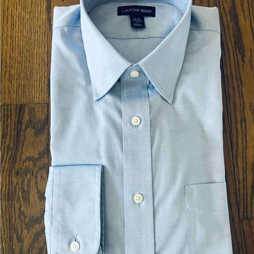 Lands' End Blue Dress Shirt with Textured Fabric and Pointed Collar